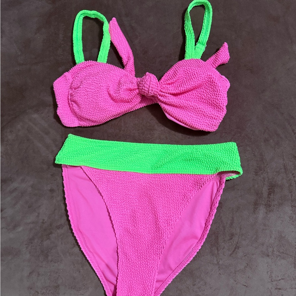 Pink Lily Neon Pink and Green Bikini Top